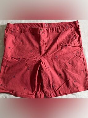 Izod Coral Red Flat Front Men’s Big and Tall  Shorts with Navy Marlin print